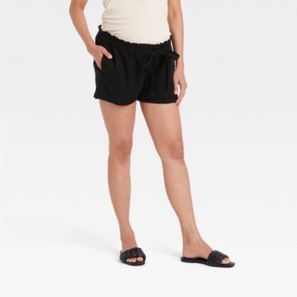 NWT Tie-Front Pull-On Elastic Waist Black Linen Maternity Shorts - Picture 1 of 6
